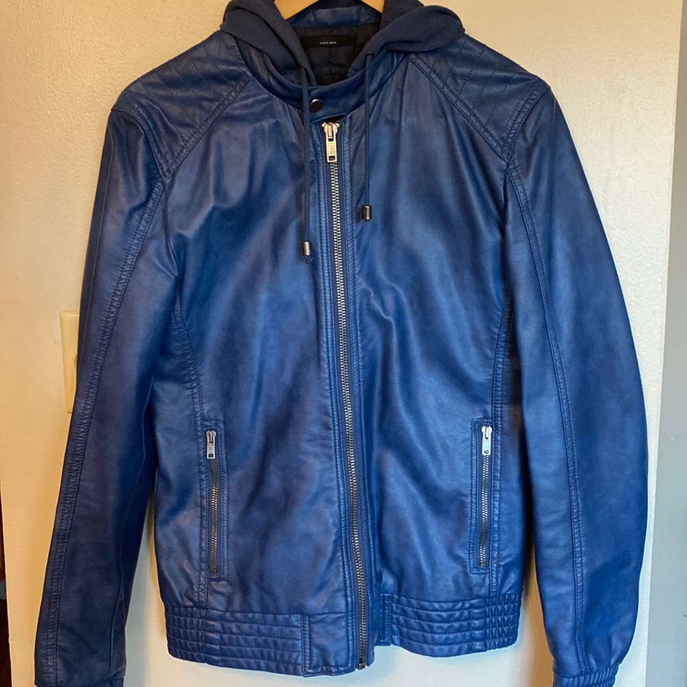 Used Navy Zara leather jacket with hood, size Small